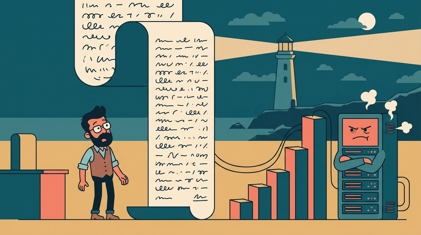 A shocked business owner staring up at a towering invoice next to a climbing bar chart
