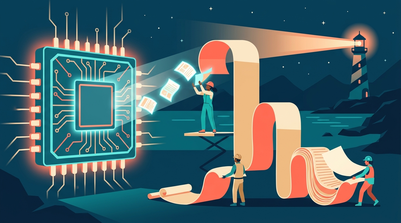 A giant glowing microchip beaming documents into one very long scroll
